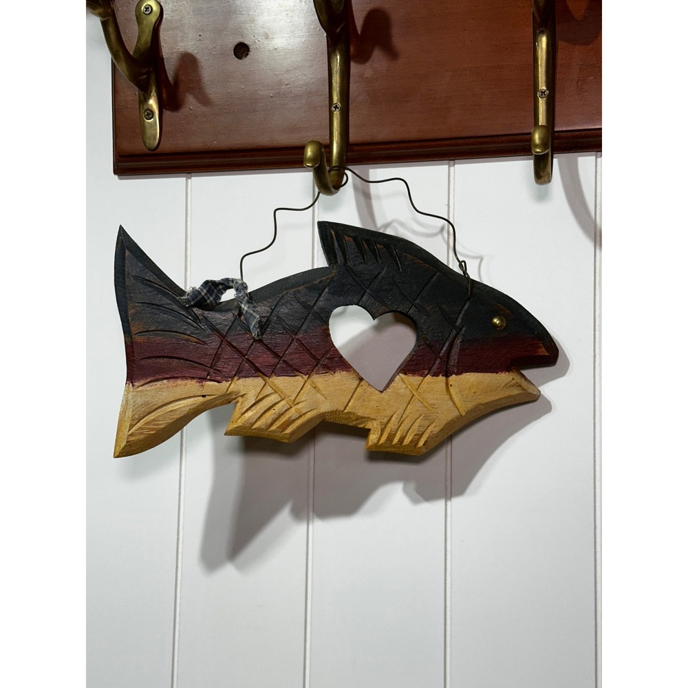 Hand Carved Wooden Fish Wall Hanging Heart Cutout Rustic Folk Art Decor 11 Inch